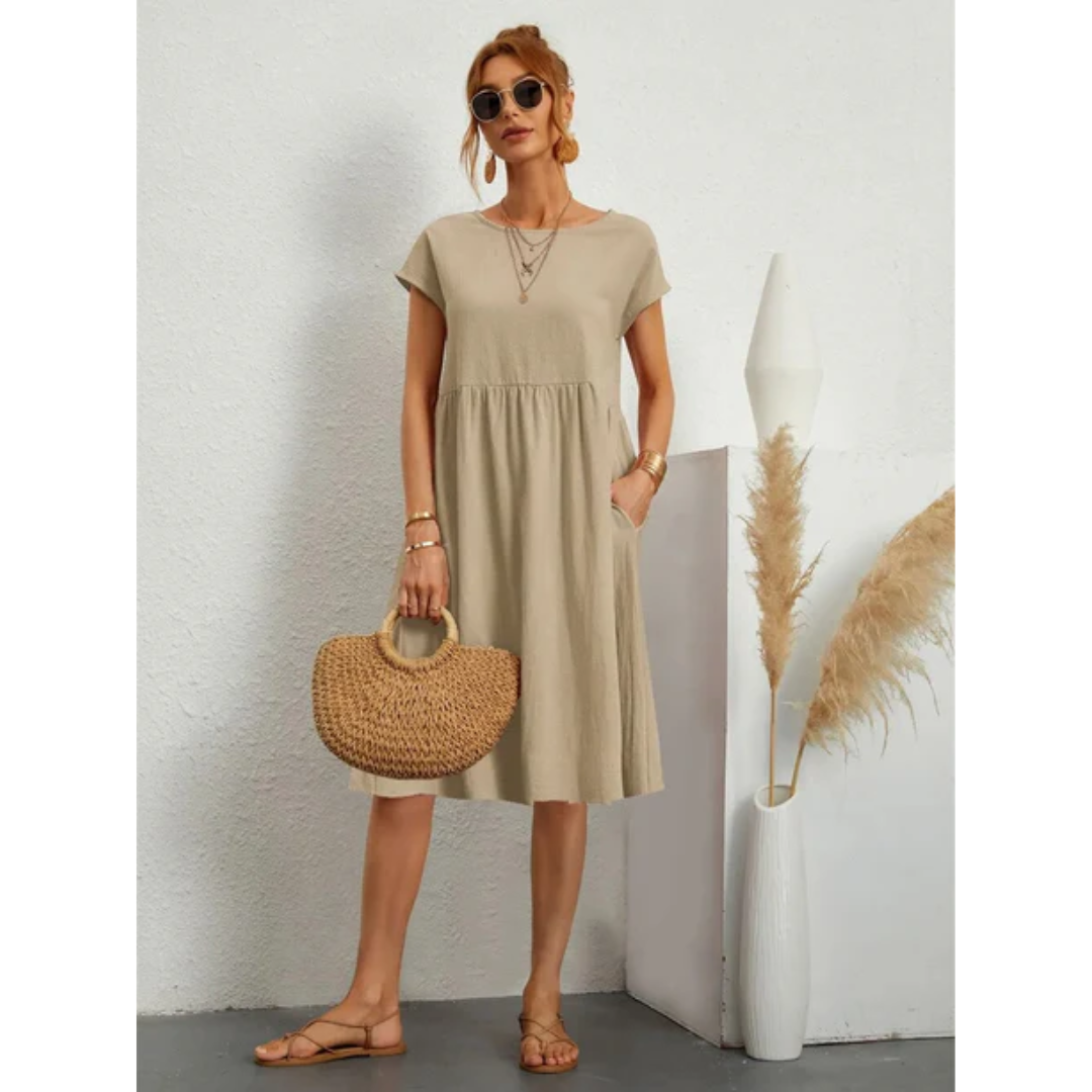 Valérie – Robe midi d’été élégante à manches courtes femme
