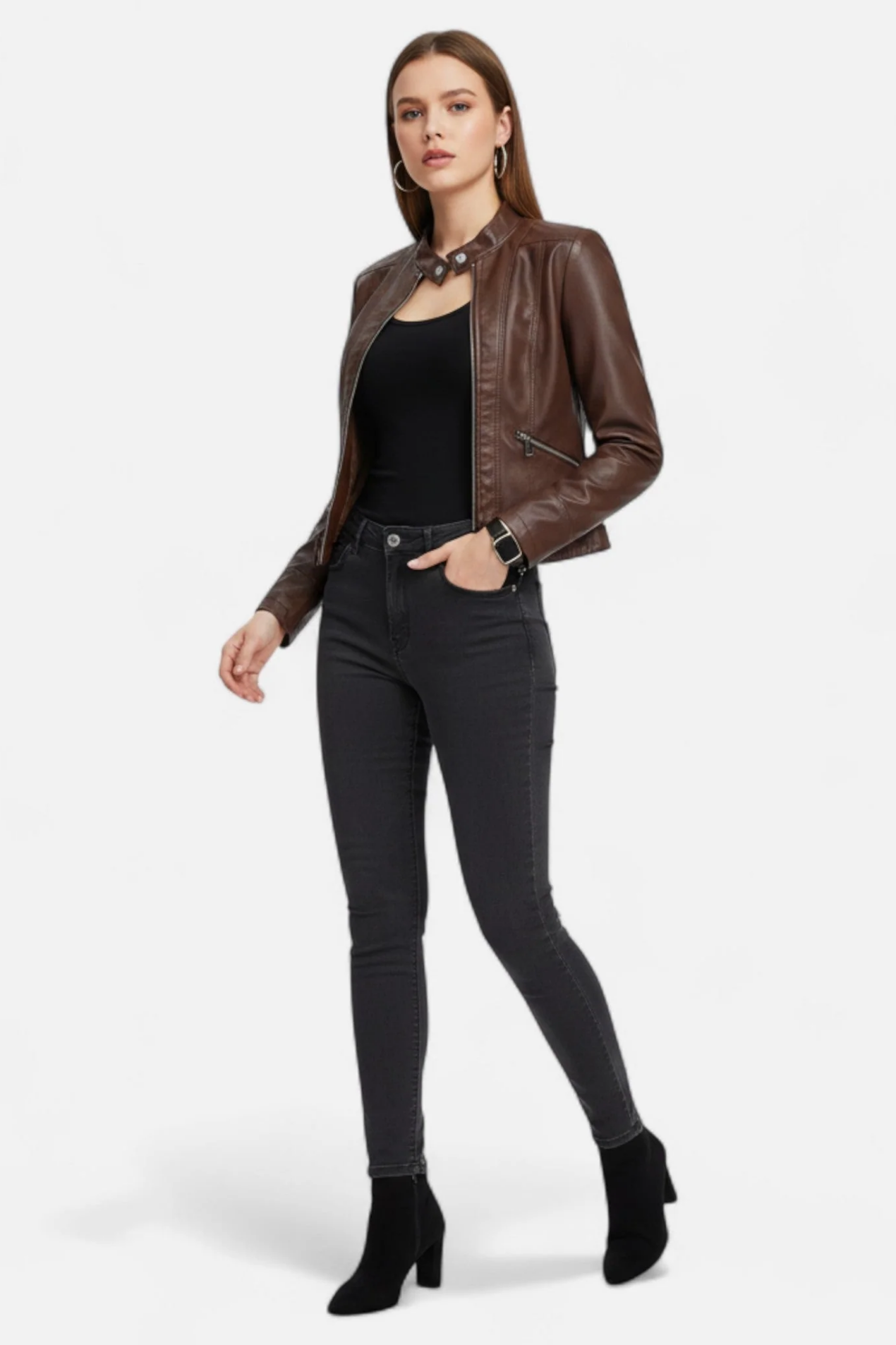 Veste Femme En Similicuir – Veste Biker Zippée Coupe Ajustée