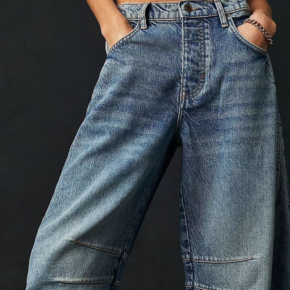Jean Barrel Large Jambe Large Taille Moyenne Stretch Femme – Denim Décontracté Baggy