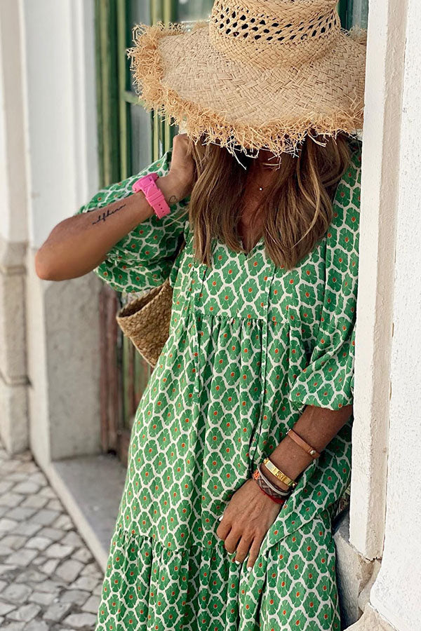 Midi-Kleid für Damen mit Puffärmeln und Stufenschnitt