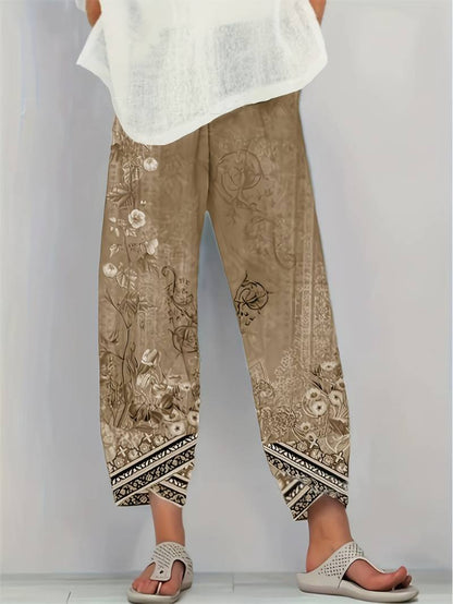 Thimasha - Vintage Floral Capri Pant With Elastic Waist