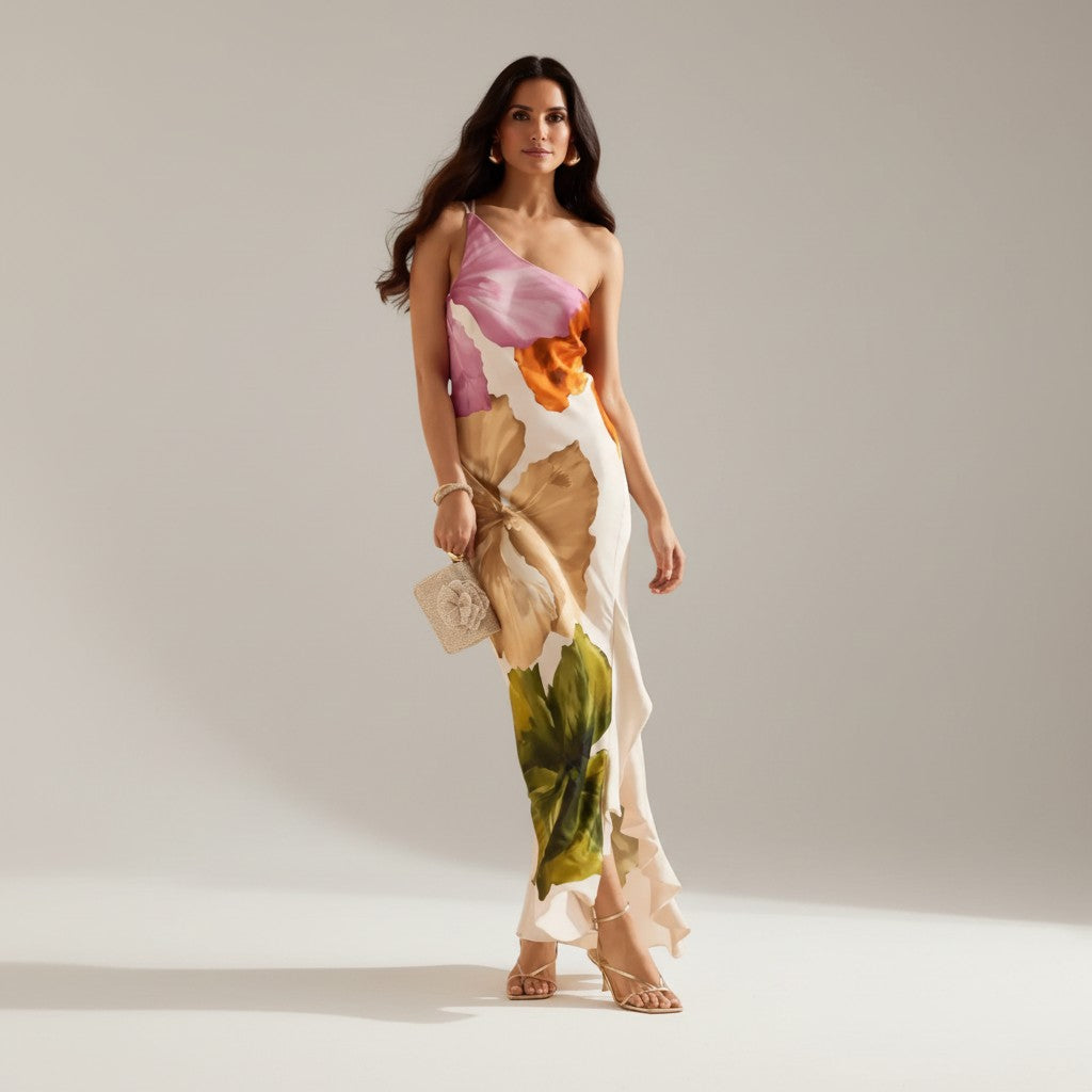 Nuria - Vestido Elegante con Patchwork y Cuello Asimétrico