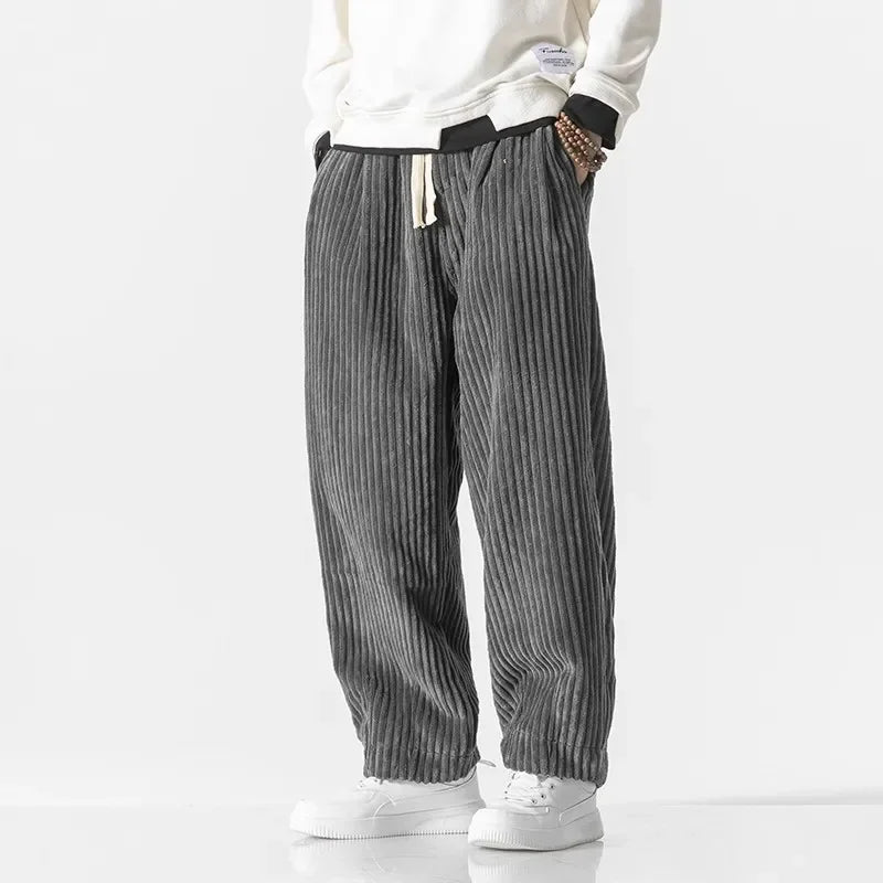 Men's Wide Leg Relaxed Fit Corduroy Baggy Trousers with Drawstring