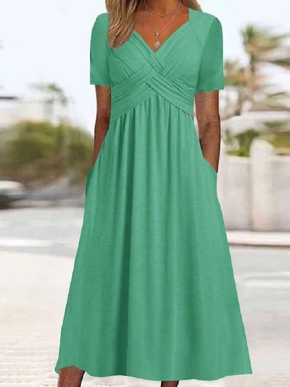 Robe longue femme col V fluide manches courtes avec poches été élégante