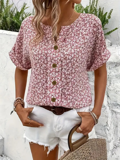 Women's Floral Print Short Sleeve Button-Front Blouse