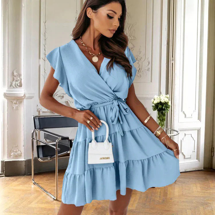 Women's Wrap Mini Dress Flutter Sleeve Ruffle Belted