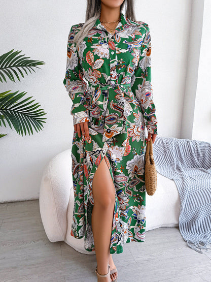 Women  Vintage Floral Print Lapel Tie Waist Shirt Maxi Dress