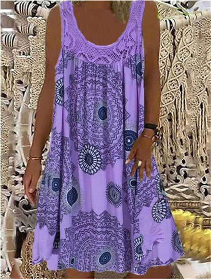 Frauen Sommer O-Ausschnitt ärmelloses Print Kleid