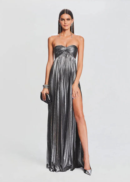 Schickes silbernes trägerloses Kleid für Hochzeit und Abendveranstaltungen