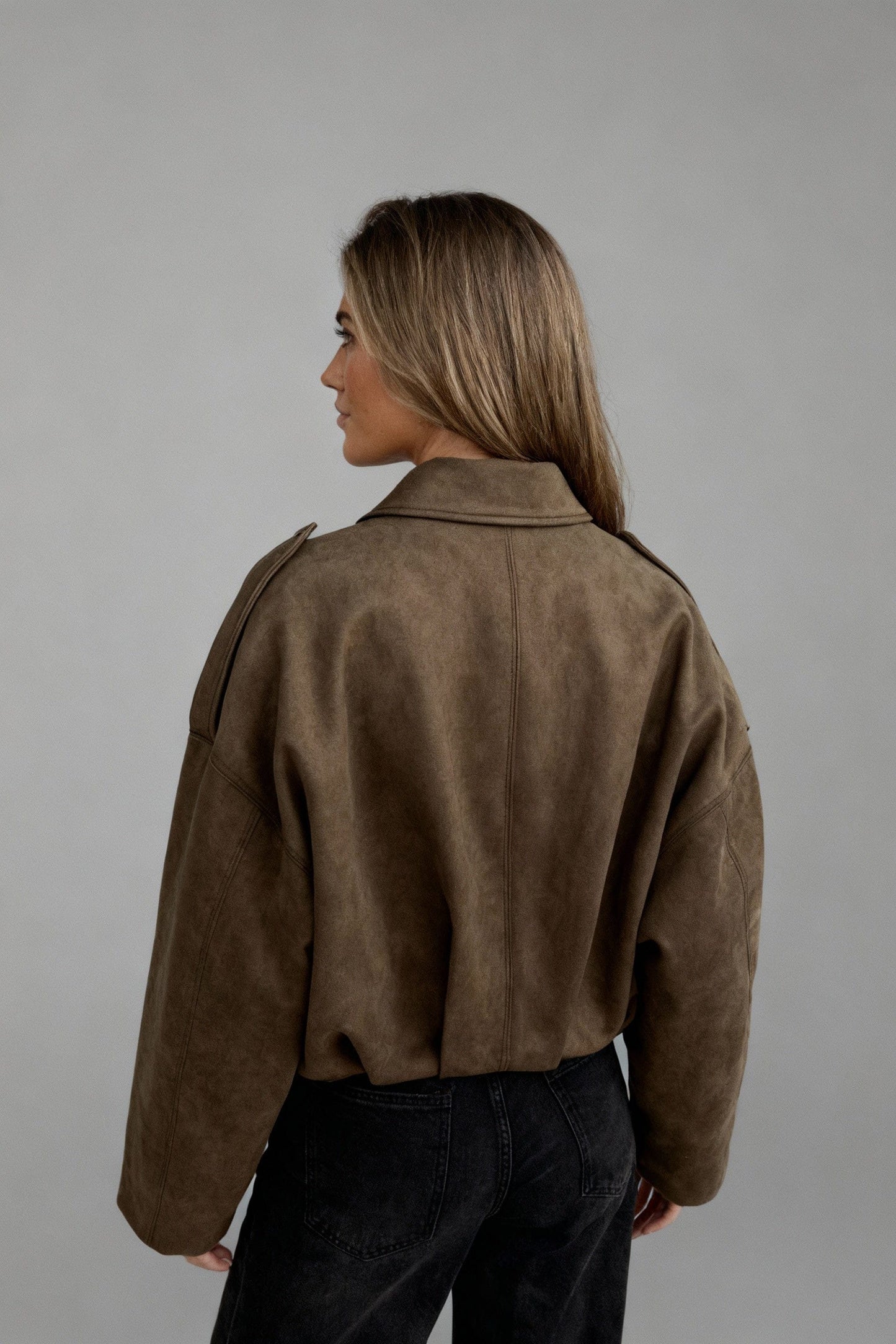 Jen - Faux Suede Batwing Sleeve Bomber Jacket