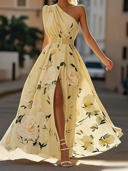 The Flora — One Shoulder Floral Chiffon Maxi Dress with Split