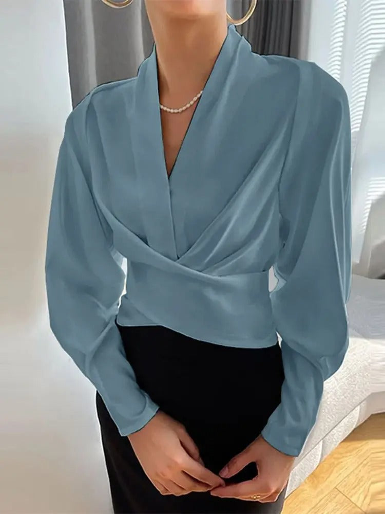 Jenna - Elegante V-Hals Top Met Lange Pofmouwen