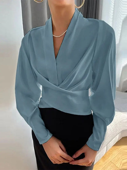 Jenna - Elegante V-Hals Top Met Lange Pofmouwen