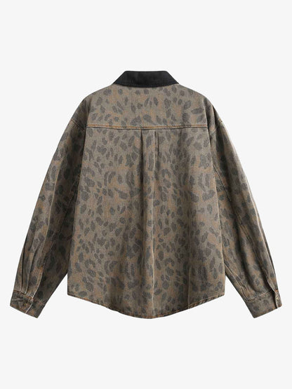 Distressed Cheetah Print Denim Shirt Vintage Style