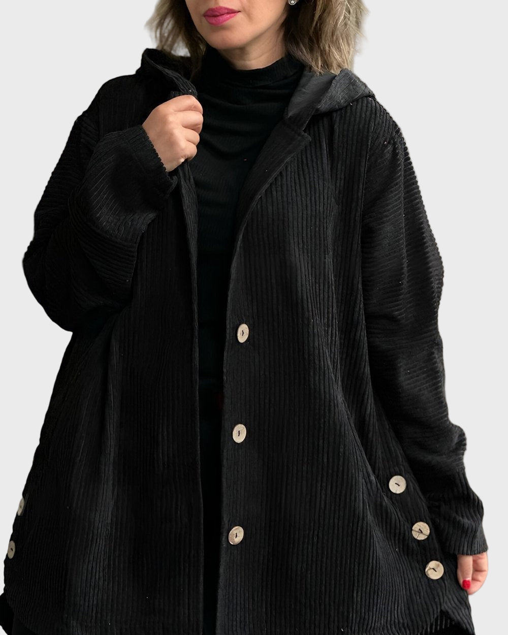 Adelgunde | Dames corduroy jas met capuchon – Casual herfst-winterjas met knopen aan de voorkant