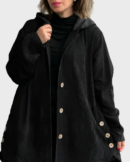 Adelgunde | Dames corduroy jas met capuchon – Casual herfst-winterjas met knopen aan de voorkant
