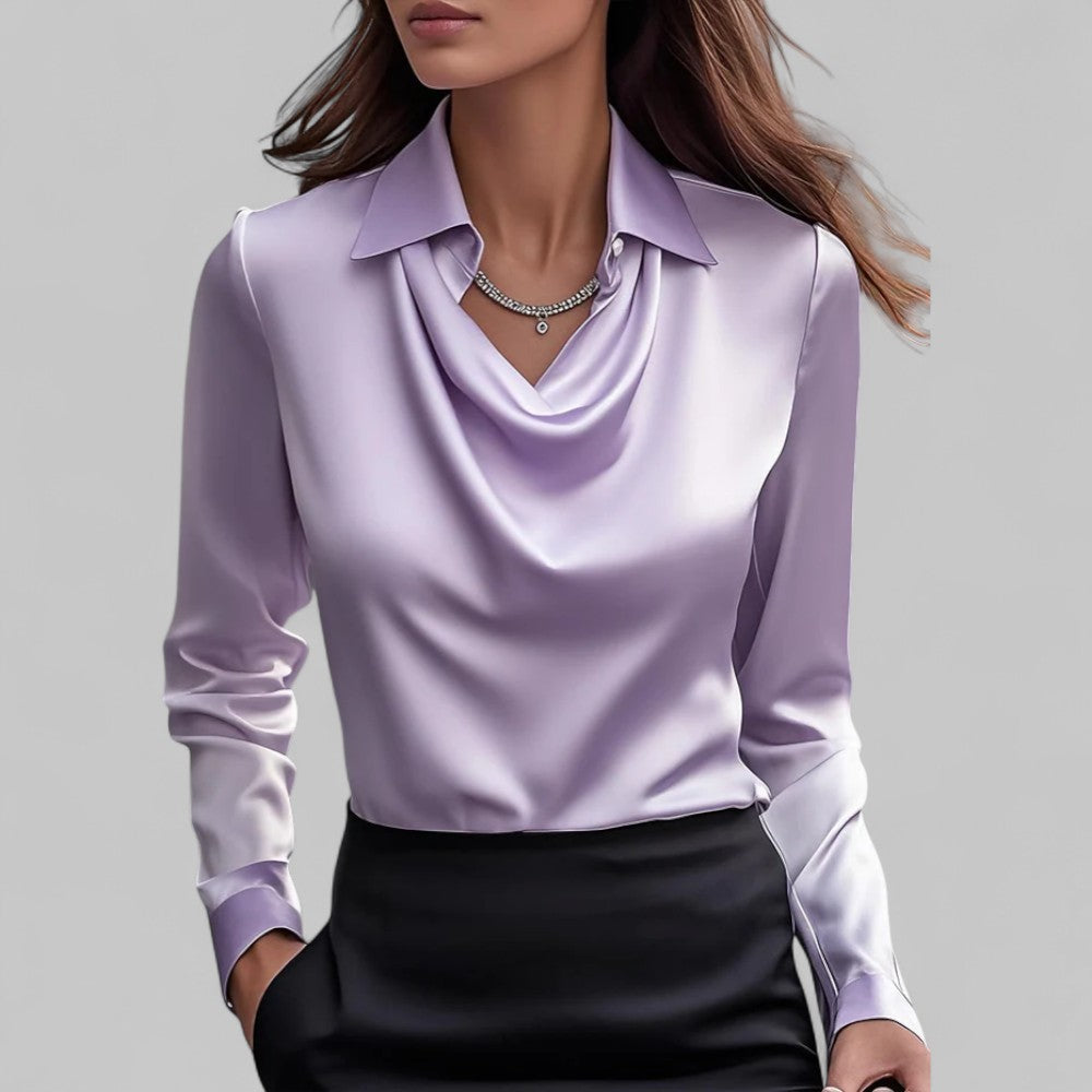 Rose | Women drapowany Neck z długim rękawem Satin Blouses