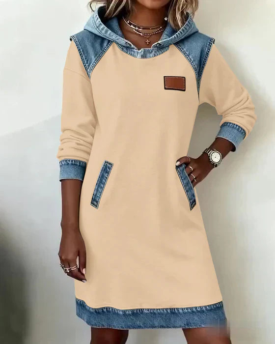 Hooded Sweatshirt Women Fleece Dress Denim Trim Hoodie
