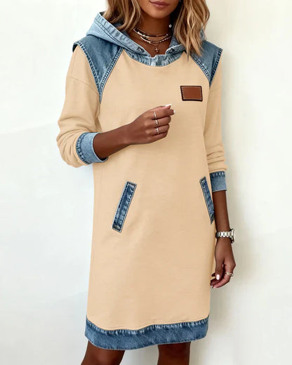 Hooded Sweatshirt Women Fleece Dress Denim Trim Hoodie