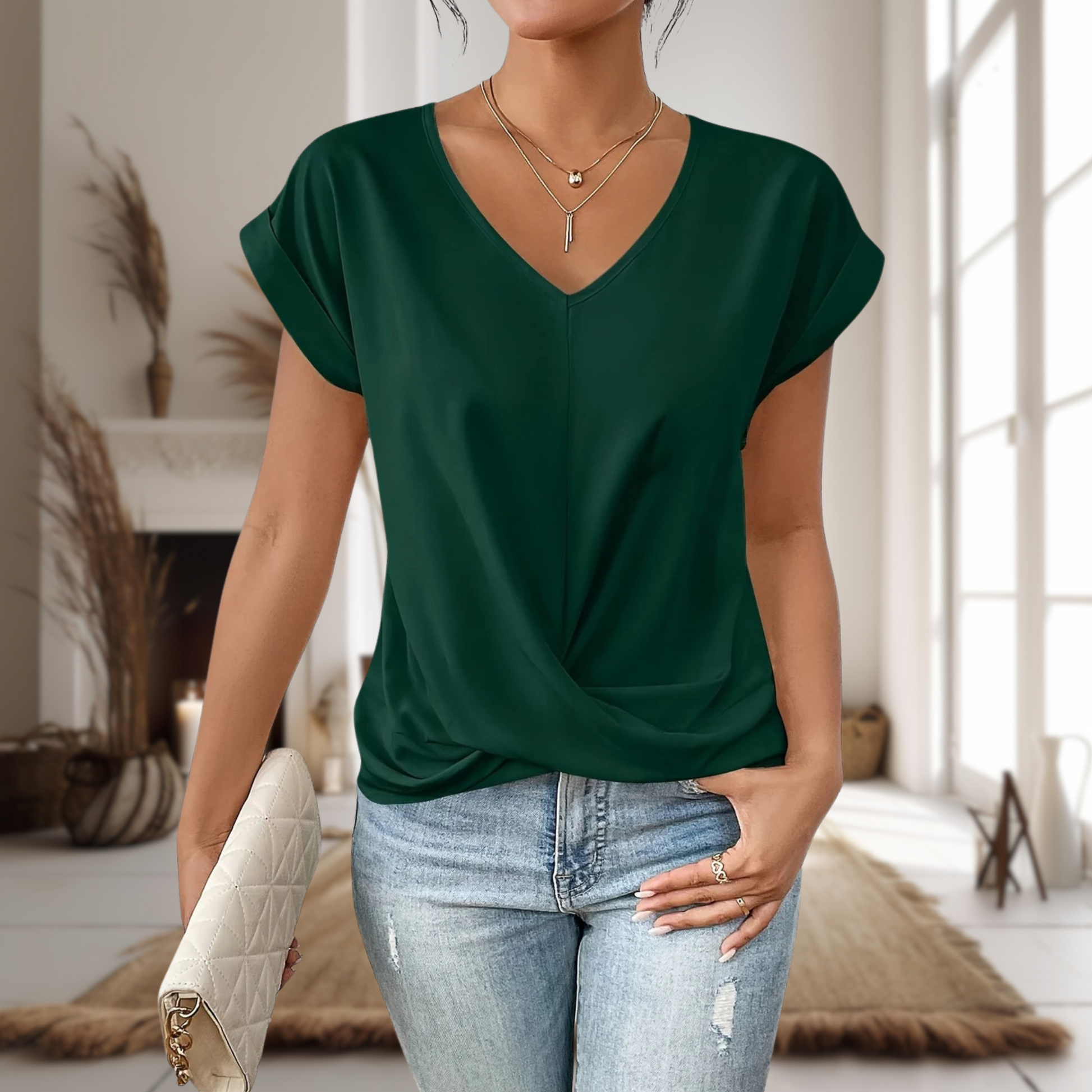 Women Elegant V Neck Twist Hem Blouse