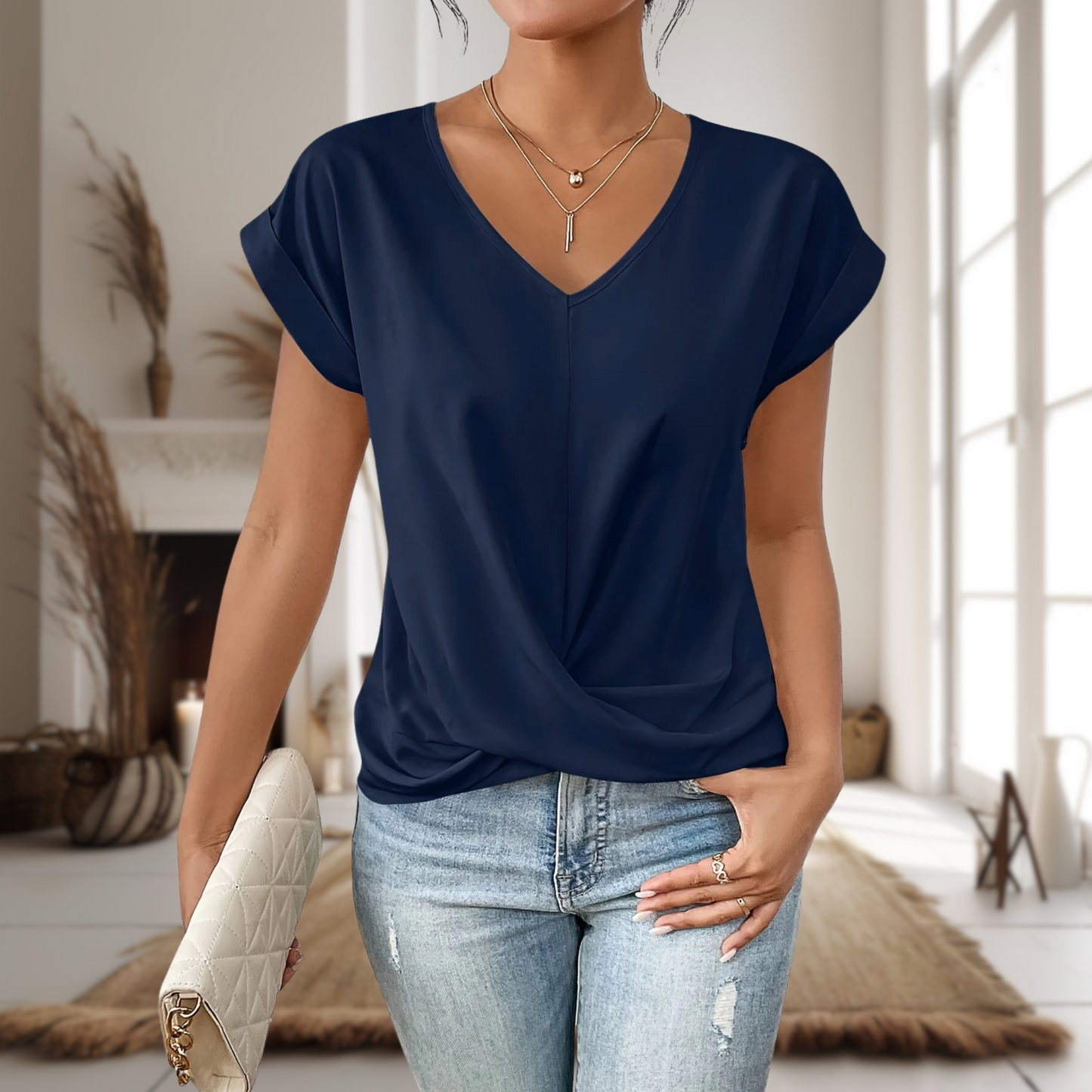 Women Elegant V Neck Twist Hem Blouse