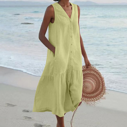 Women's Sleeveless Button-Front Midi Dress with V-Neck Design