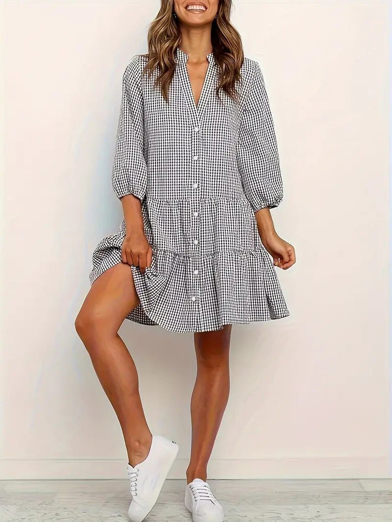Women's Gingham Print Button-Down Mini Dress 3/4 Sleeve