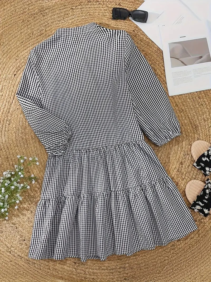 Women's Gingham Print Button-Down Mini Dress 3/4 Sleeve