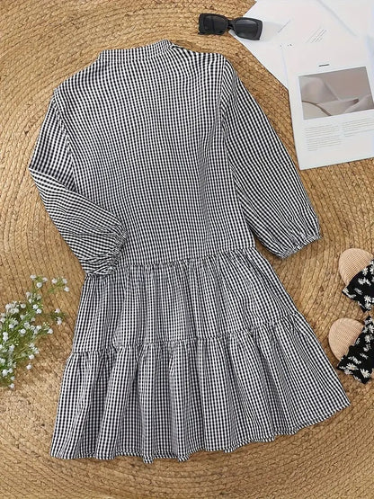 Women's Gingham Print Button-Down Mini Dress 3/4 Sleeve