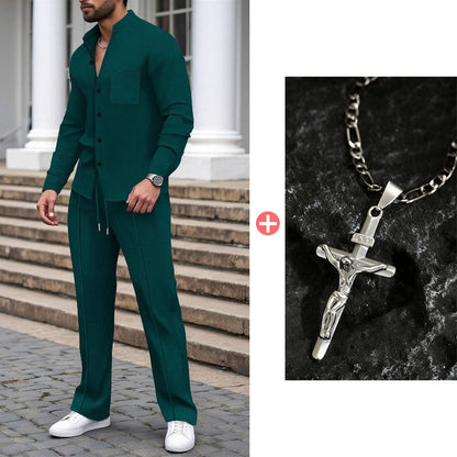 Men’s Casual Waffle Shirt Pants 2-Piece Set