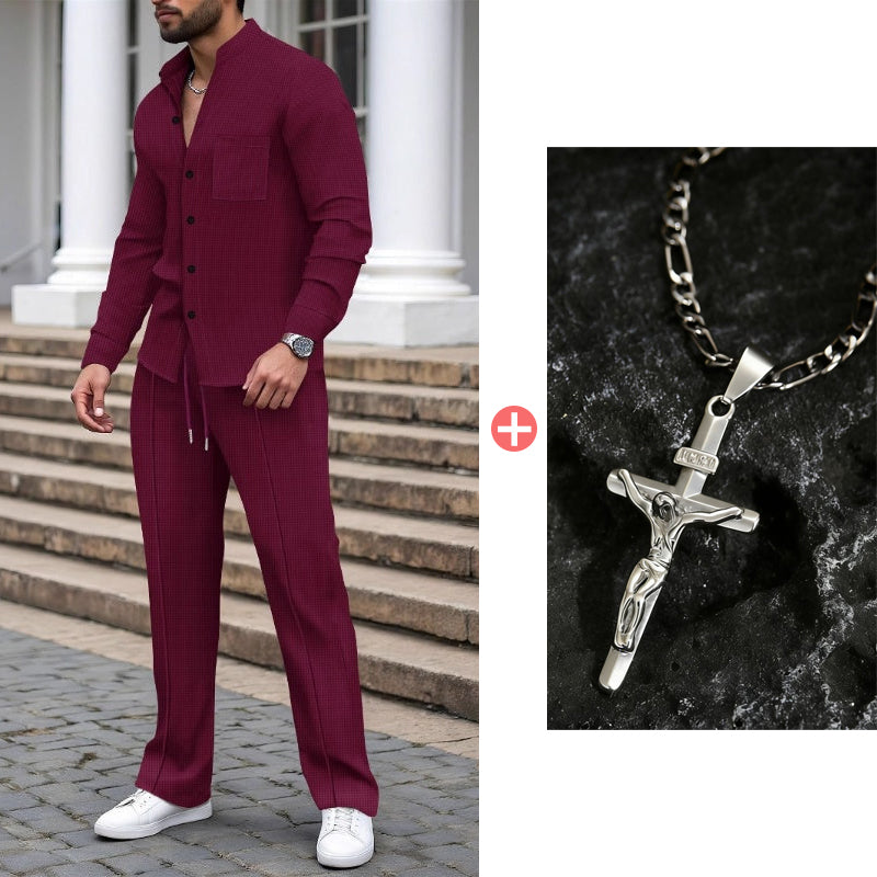Men’s Casual Waffle Shirt Pants 2-Piece Set