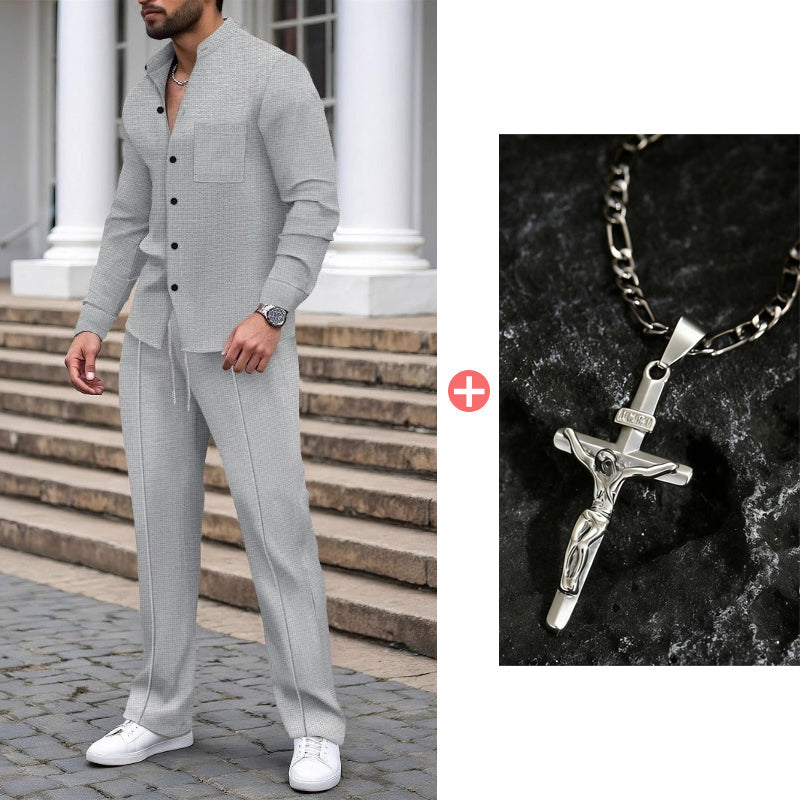 Men’s Casual Waffle Shirt Pants 2-Piece Set