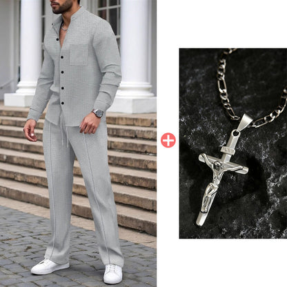 Men’s Casual Waffle Shirt Pants 2-Piece Set