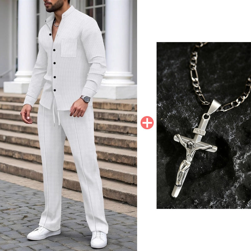 Men’s Casual Waffle Shirt Pants 2-Piece Set