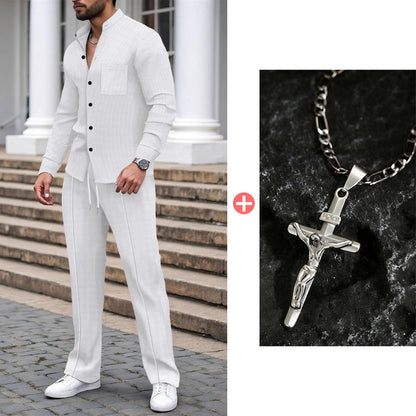 Men’s Casual Waffle Shirt Pants 2-Piece Set