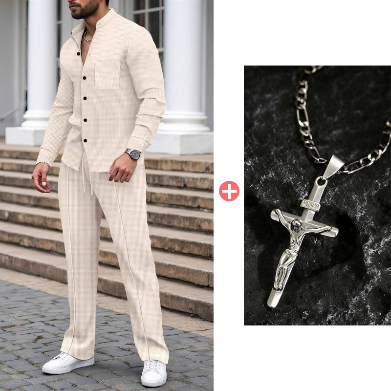 Men’s Casual Waffle Shirt Pants 2-Piece Set