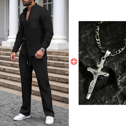 Men’s Casual Waffle Shirt Pants 2-Piece Set
