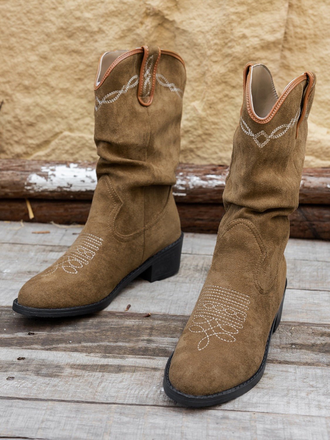 Wrenna | Faux Leather Western Cowboy Boots with Pointed Toe and Mid-Calf Rustic Design | Women’s Boots