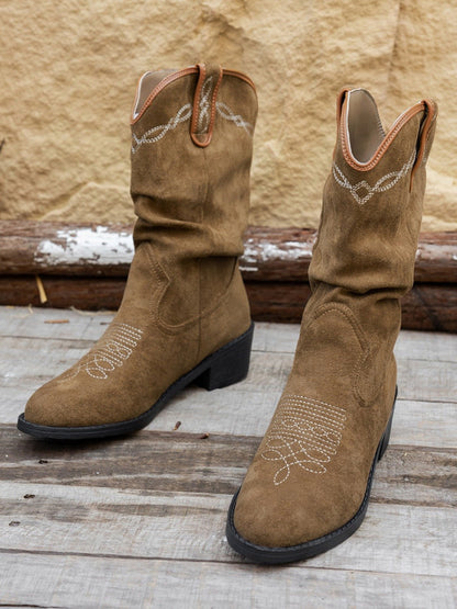 Wrenna | Faux Leather Western Cowboy Boots with Pointed Toe and Mid-Calf Rustic Design | Women’s Boots