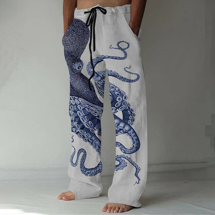 Japanse Art Octopus Print Casual Linnen Broek