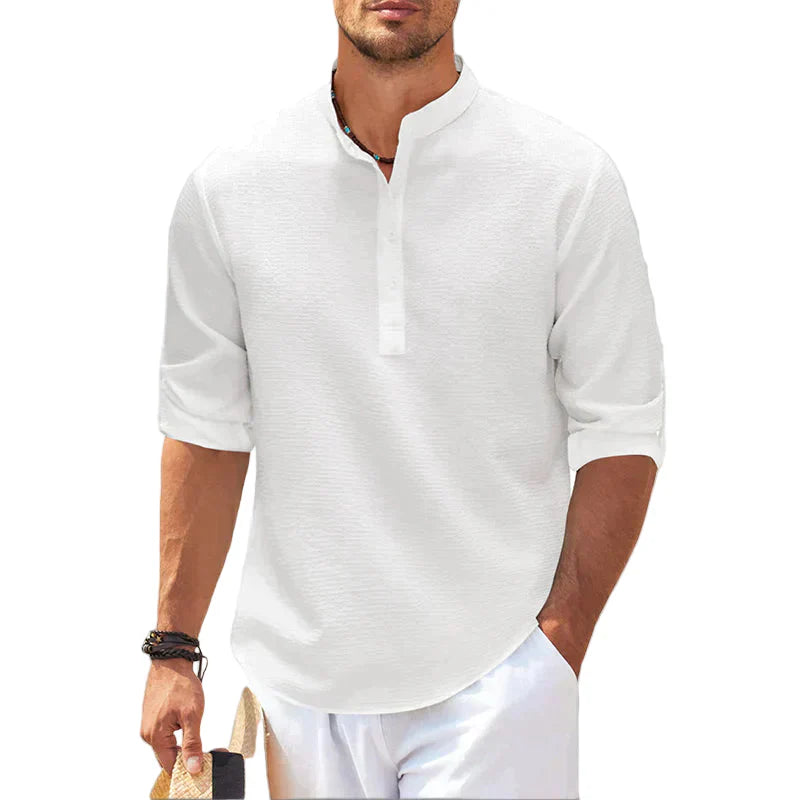 Men's Linen Henley Shirt Long Sleeve Casual Lightweight Pullover Top
