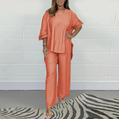 Ensemble d’Été Femme Skyler – Haut Élégant à Manches Courtes & Pantalon Large en Tissu Aérien
