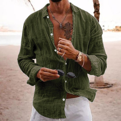 Daryon | Herenkatoenen linnen shirt met lange mouwen – casual effen kleur met knopen, ademend