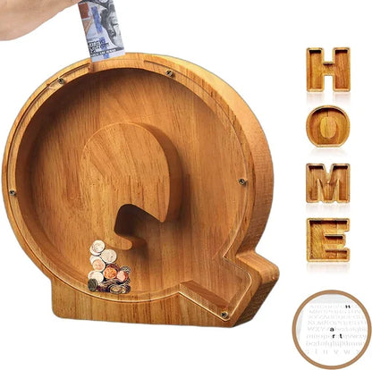TreasureNest Muntbank | Gepersonaliseerde houten spaarpot in A-Z letterontwerpen