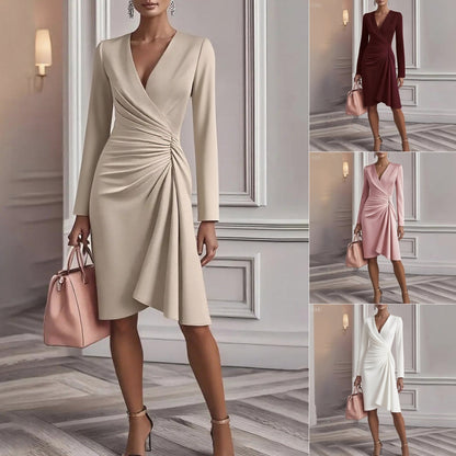 Women’s V-Neck Pleated Long-Sleeve Dress – Solid Color Slim-Fit A-Line Midi Party & Office Outfit