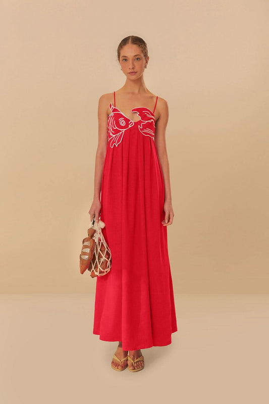 Damen Sommer Fischdruck Spaghetti-Träger Maxikleid