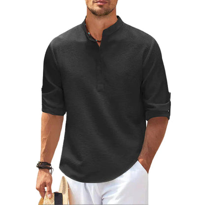 Men's Linen Henley Shirt Long Sleeve Casual Lightweight Pullover Top