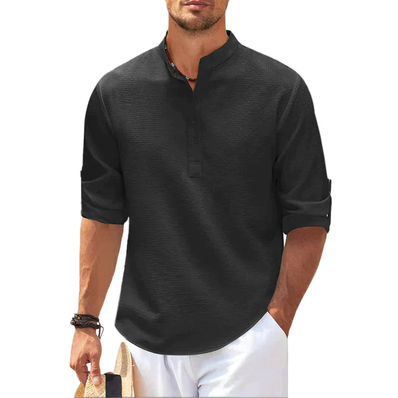 Men's Linen Stand Collar Shirt Relaxed Fit Casual Button Front Top