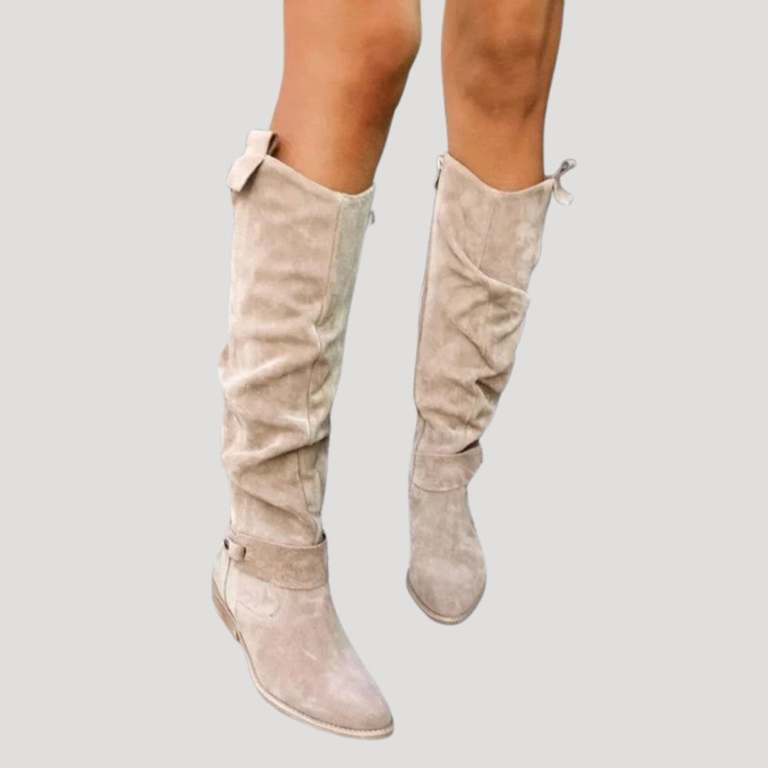 Women's knee-high suede leather boots with a low heel