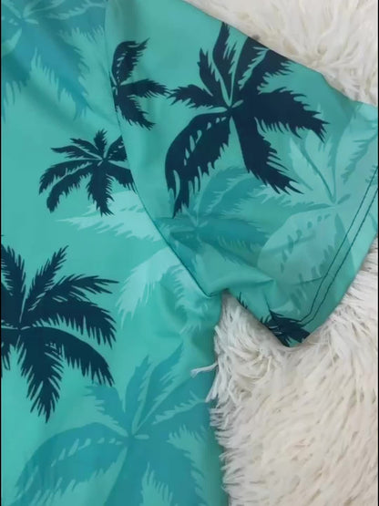 Men's Linen Palm Print Short Sleeve Hawaiian Button Down Shirt